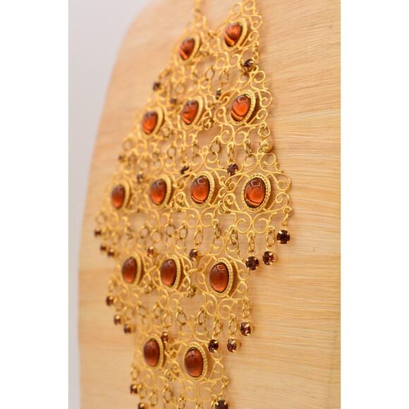 Vintage Cabochon Collar Bib Necklace Amber Dangle Retro Mid Century 60s Bin3C - Picture 9 of 12